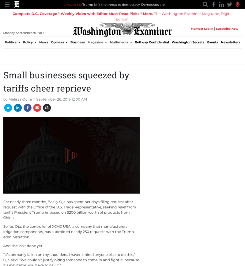 Washington Examiner | Small businesses squeezed by tariffs cheer reprieve