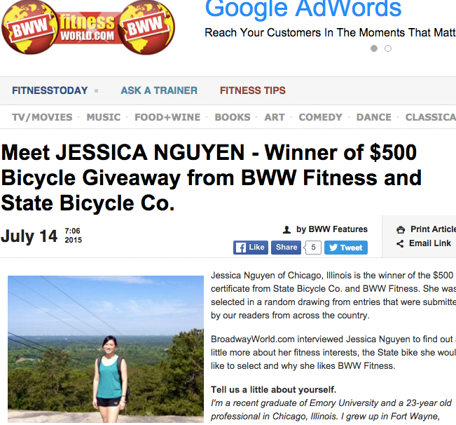 Fitness World | Meet Jessica Nguyen - Winner of $500 Bicycle Giveaway from BWW Fitness and State Bicycle Co.