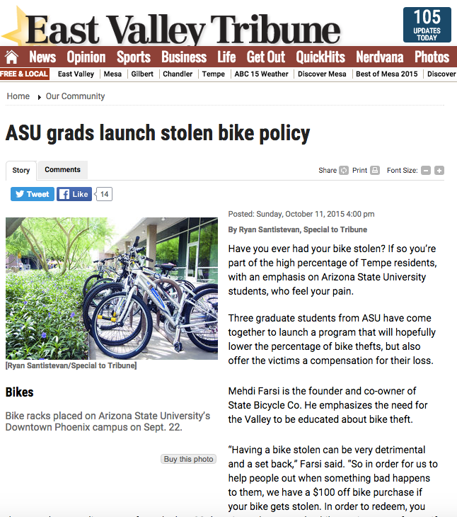 East Valley Tribune | ASU Grads Launch Stolen Bike Policy