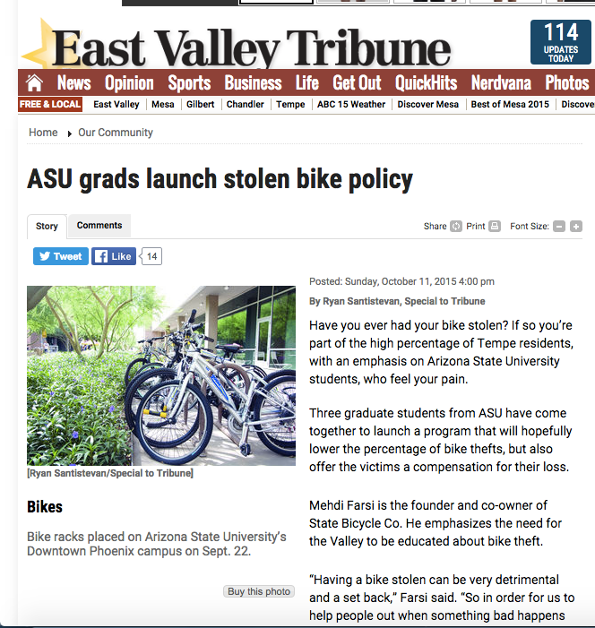 East Valley Tribune | ASU grads launch stolen bike policy