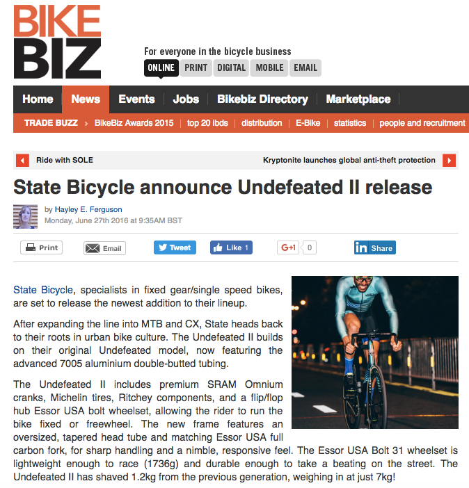 Bike Biz | State Bicycle announces Undefeated II release