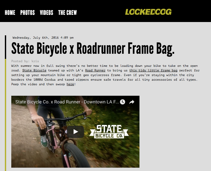 Locked Cog | State Bicycle Co. x RoadRunner Frame Bag