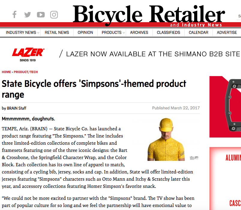 Bicycle Retailer | State Bicycle offers 'Simpsons'-themed product range