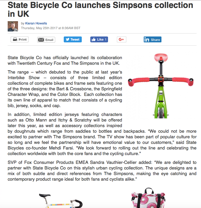 Bike Biz | State Bicycle Co. Launches Simpsons collection in UK