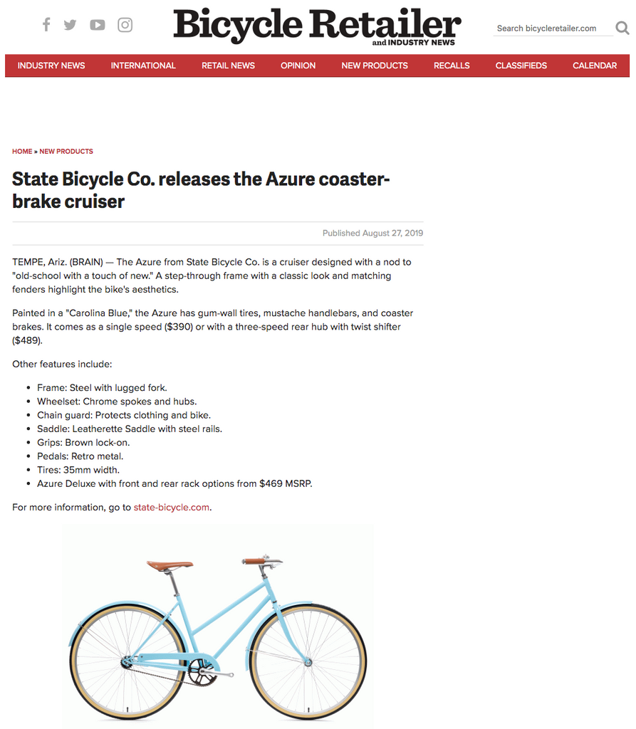 Bicycle Retailer | State Bicycle Co. releases the Azure coaster-brake cruiser