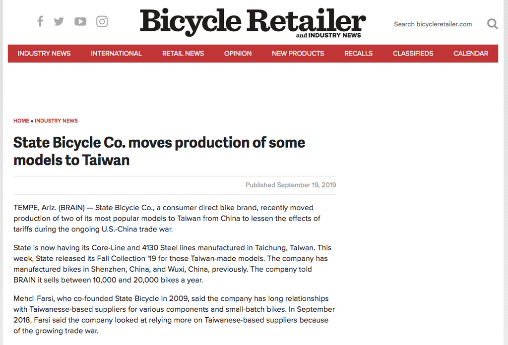 Bicycle Retailer | State Bicycle Co. moves production of some models to Taiwan