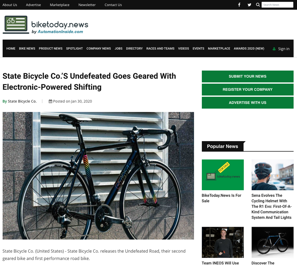 State Bicycle Co.’S Undefeated Goes Geared With Electronic-Powered Shifting