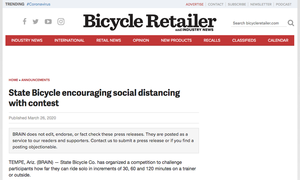 State Bicycle encouraging social distancing with contest