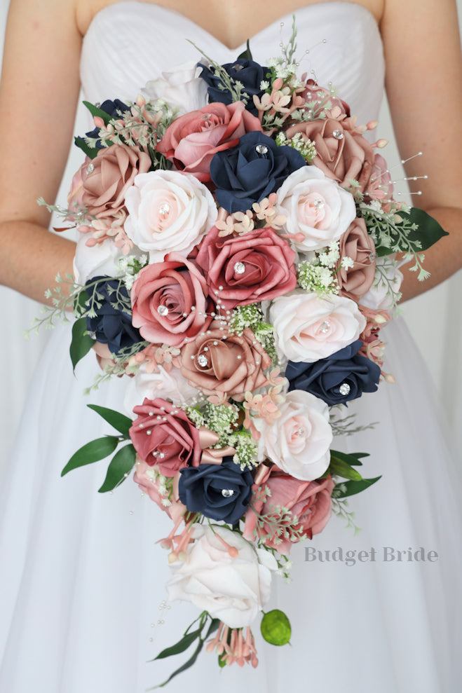 Bridal Posy Bouquet  Navy Blue and Ivory/pink Roses  with crystal flowers 