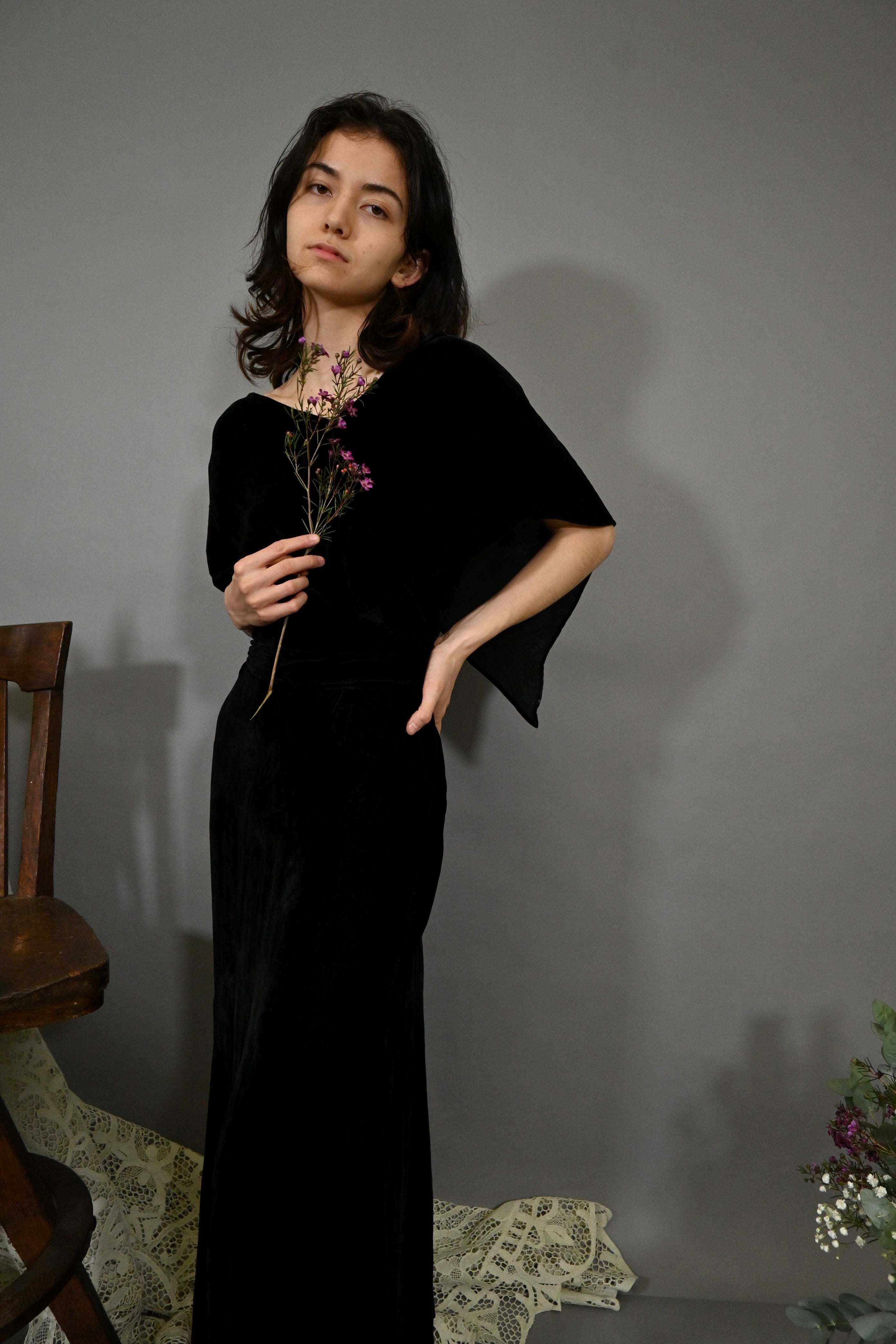 1930s Black Silk Velvet Caped Gown [med/lrg]