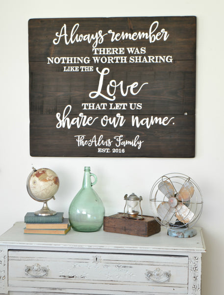 Always remember there was nothing worth sharing like the love that let us share our name - wood sign by Aimee Weaver Designs