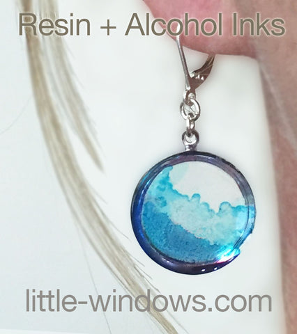 resin casting alcohol inks blue waves earrings