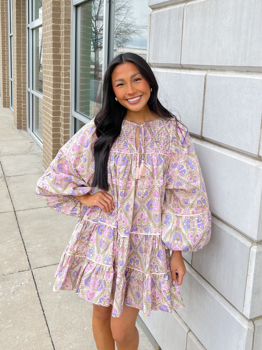 Pastel Tiered Smocked V Neck Dress Peacocks And Pearls Lexington 1548