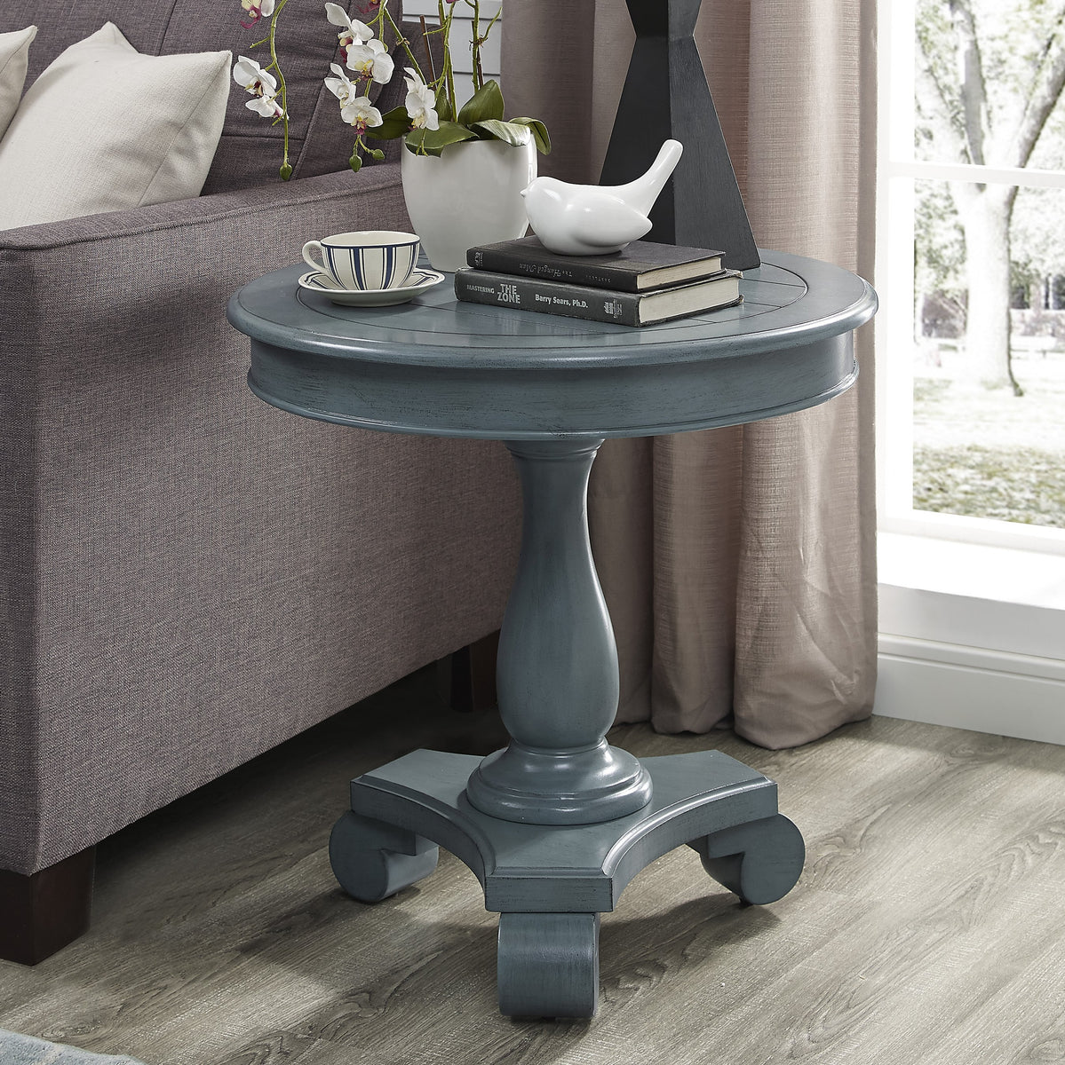 Rene Round Wood Pedestal Side Table, Teal – Roundhill Furniture