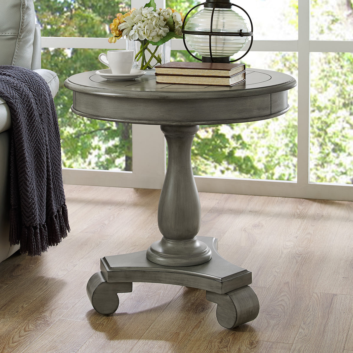 Rene Round Wood Pedestal Side Table, Gray – Roundhill Furniture