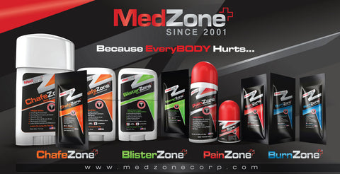 MedZone products — ChafeZone, BlisterZone, PainZone, and BurnZone