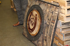 The finished repurposed logo using steel and repurposed wood from former oak whiskey barrels. Photo courtesy: Benjamin Siler