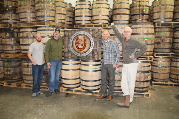 Repurposed oak whiskey barrel logo for High West Distillery. L to R: Bryce Hart (Innovative Metal Works), Erik Fitchett (High West), Daniel Salmon (Material Resourcers), David Perkins (High West Distillery Founder). Photo courtesy: Benjamin Siler
