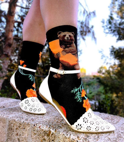 White sandals with California Bear socks for women with bears and California poppies