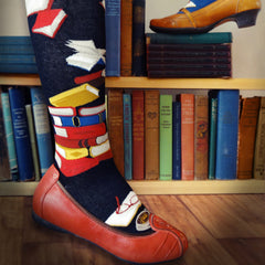 Bibliophile women's knee socks in blue and black with books from ModSocks