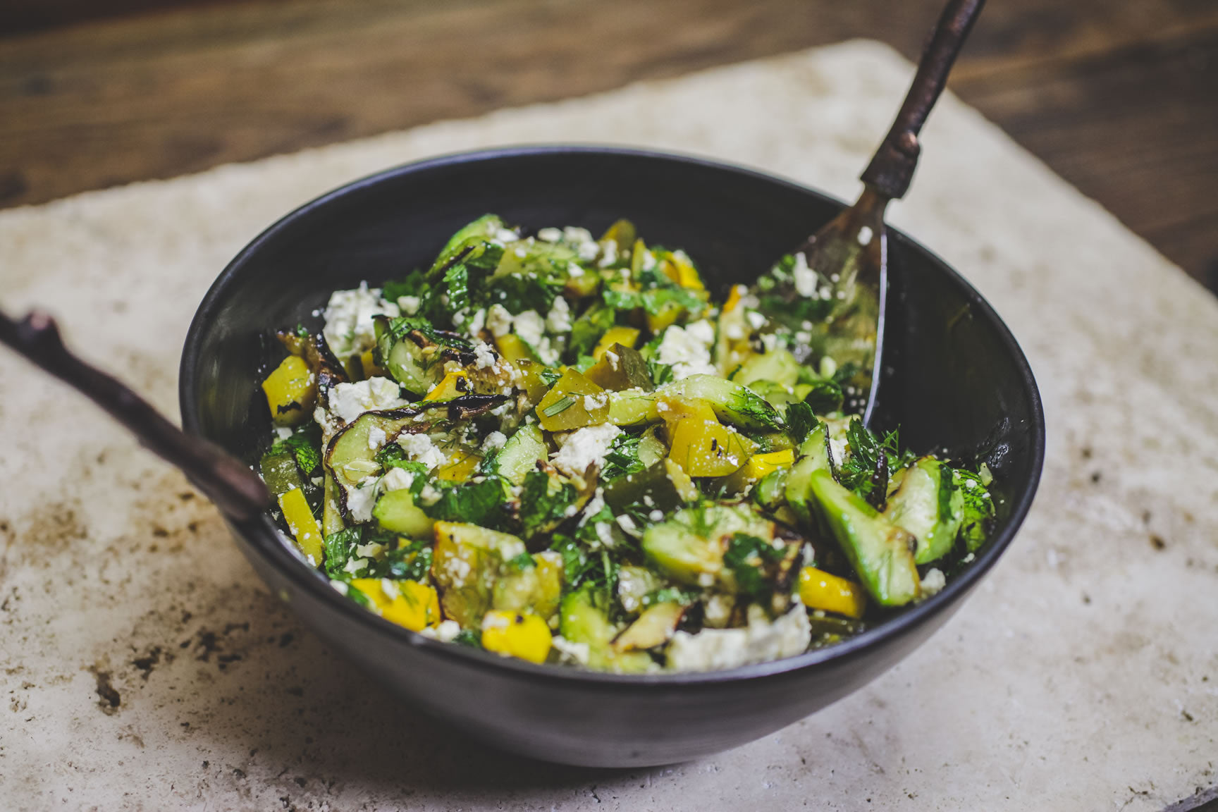 grilled squash with herbs and feta