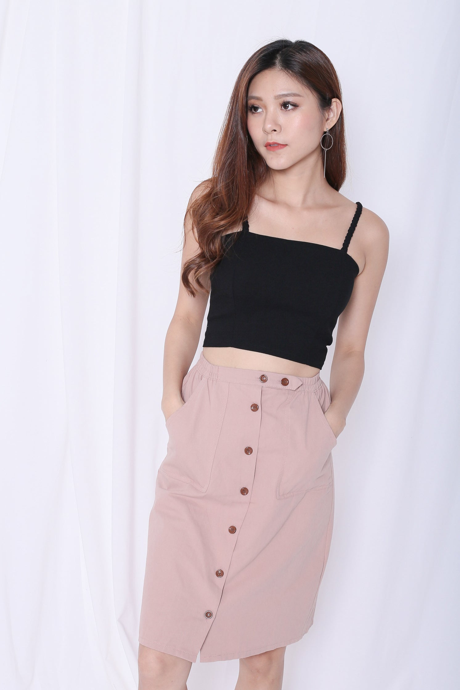 GABBY BUTTON DOWN MIDI SKIRT IN NUDE PINK