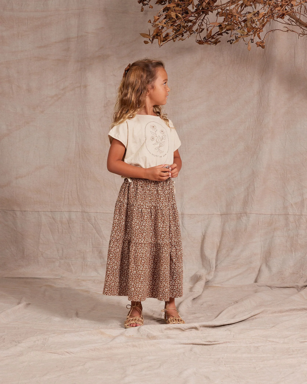 Rylee and Cru Tiered Midi Skirt Chocolate Floral | lincolnstreetwatsonville