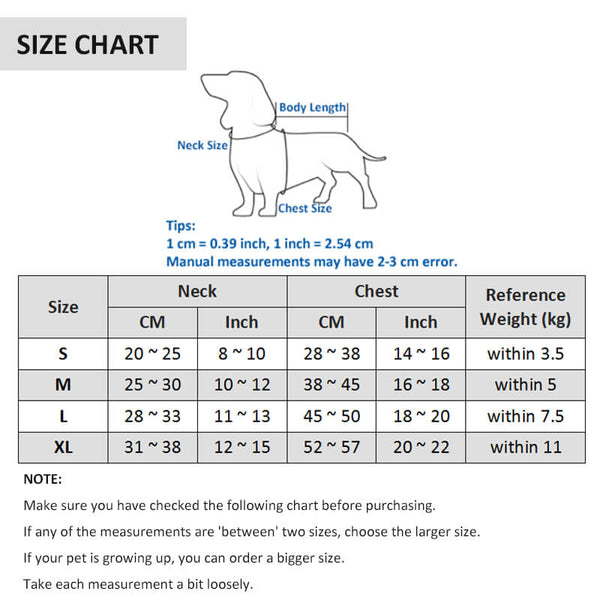 Prisoner Dog Costume size table