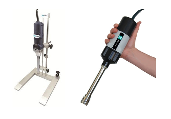 A homogenizer and stand and a handheld homogenizer.