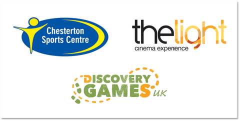 Prize sponsor logos The Light Cinema, Chesterton Sports Centre, Discovery Games UK