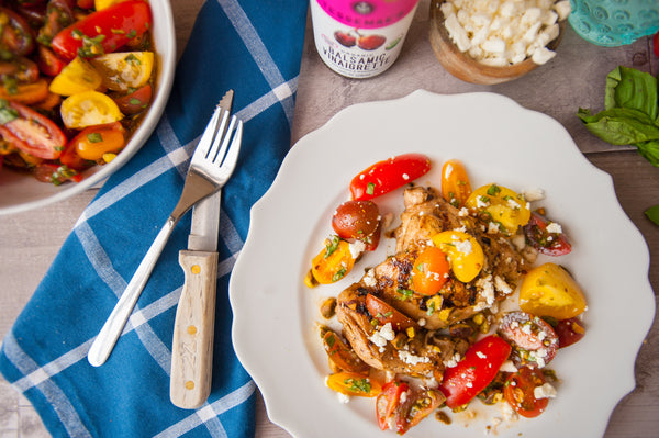 chicken thighs, pistachios, feta tomato salad