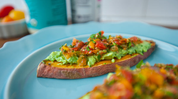 sweet potato toast with guacamole and salsa