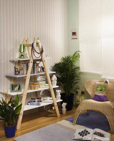 DIY ladder shelves in living room - 5 Creative Upcycling DIY Ideas to Style your Home Sustainably on Prosperity Candle Blog