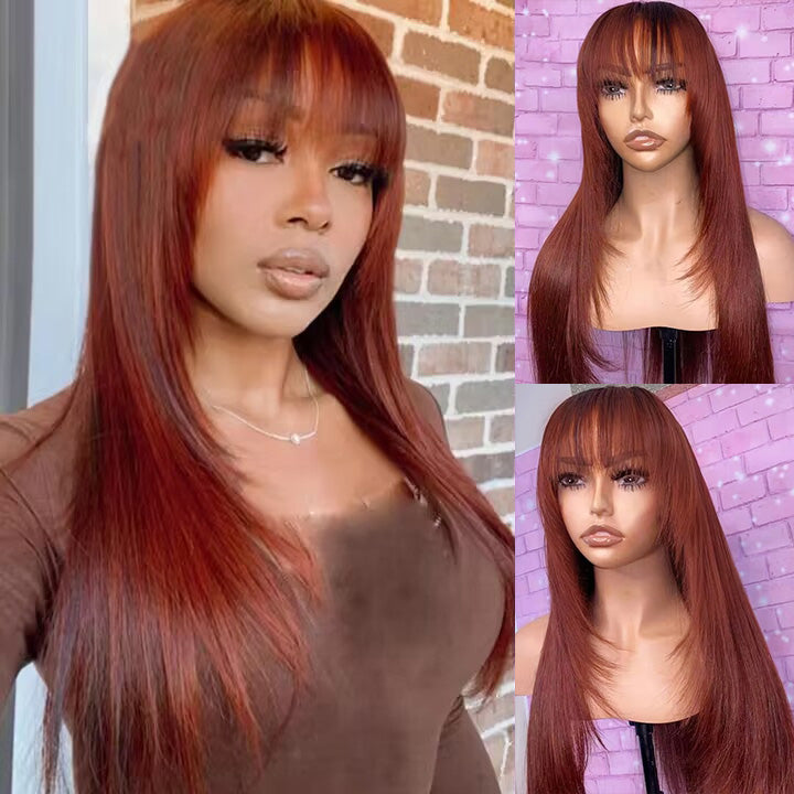 Reddish Brown Straight Layer Cut Wig With Bangs Human Hair Wig – Jessie's  Selection