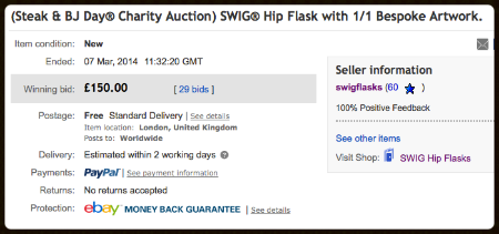 Steak and BJ Day SWIG Hip Flask Charity Auction