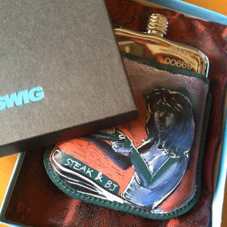 The Charity Auction SWIG Hip Flask with Bespoke Genuine Leather Steak & BJ Day Pouch