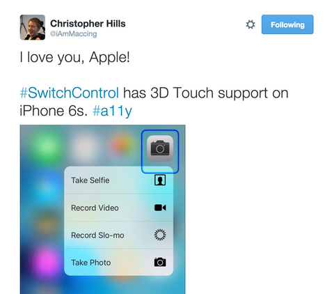 3D Touch and Switch Control in iOS9 tweet from @iAmMaccing