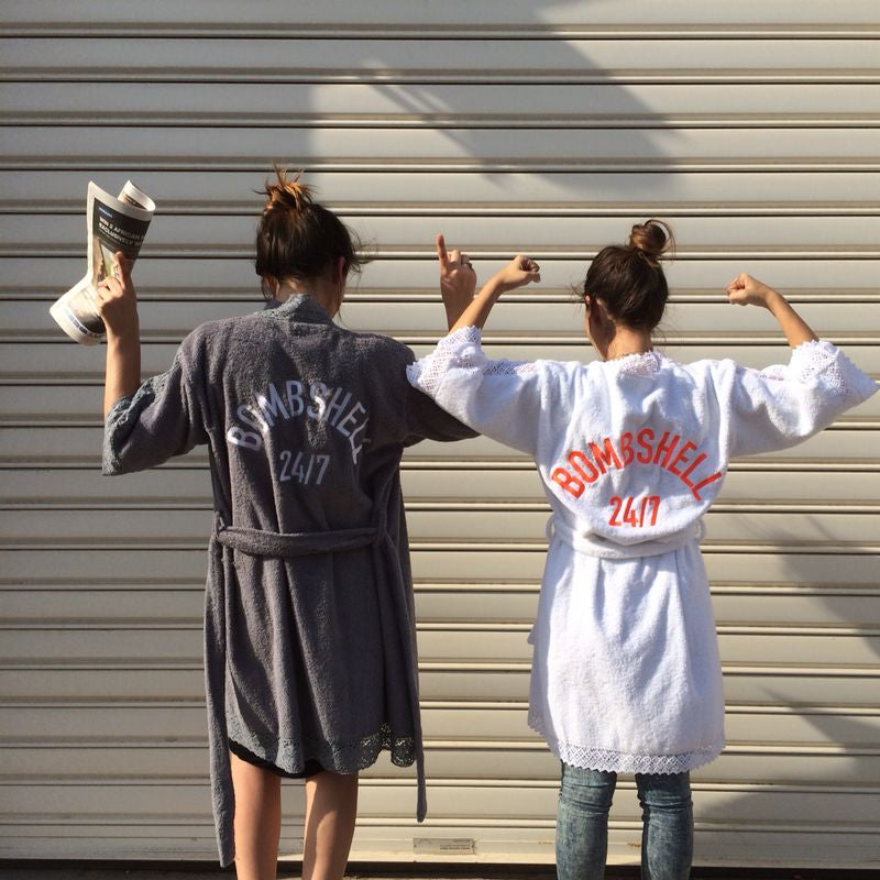 Grey and White Tamarindie Embroidered Bathrobes at Sauce in Dubai