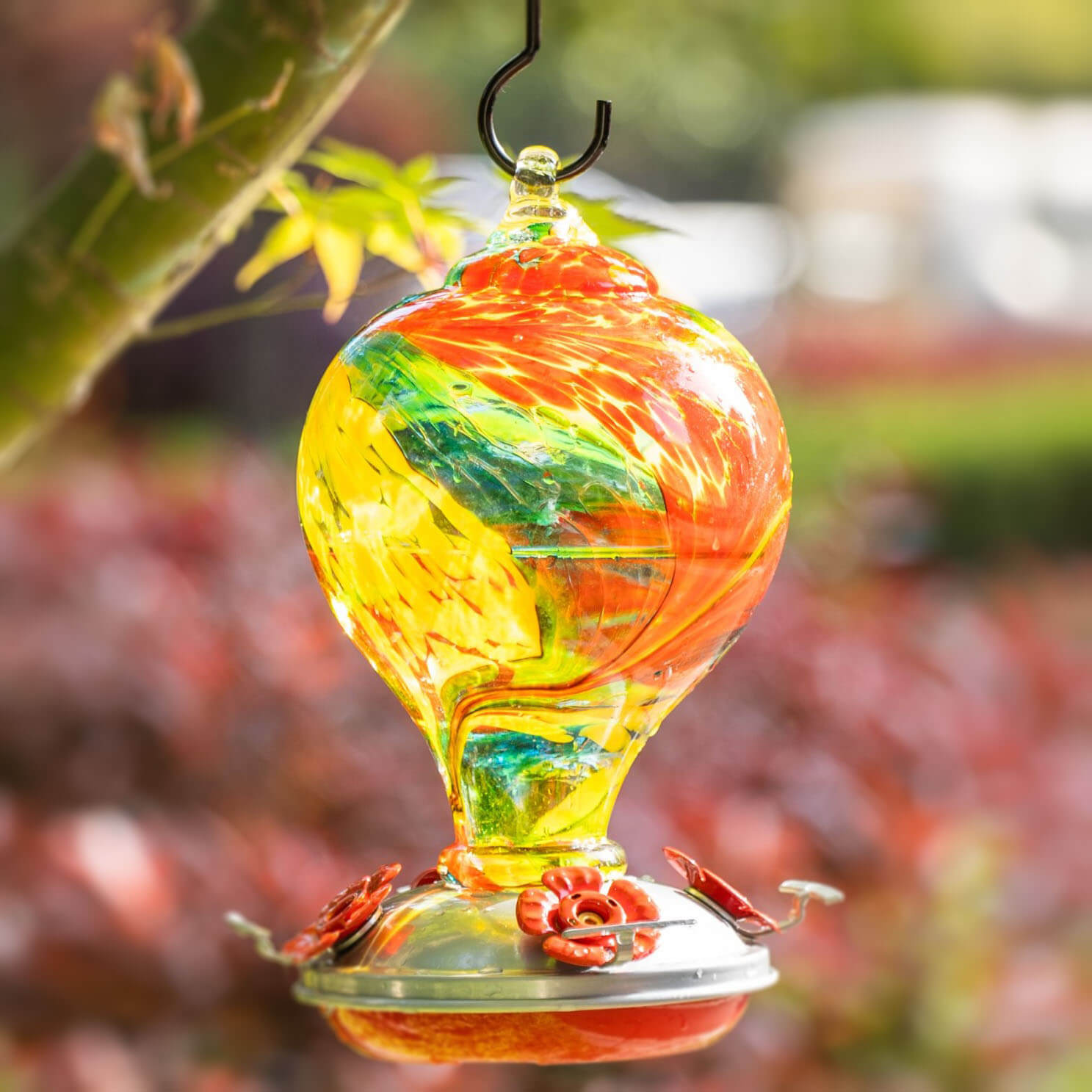 25 Ounces, Hand Blown Glass Muse Garden Hummingbird Feeder for Outdoors 
