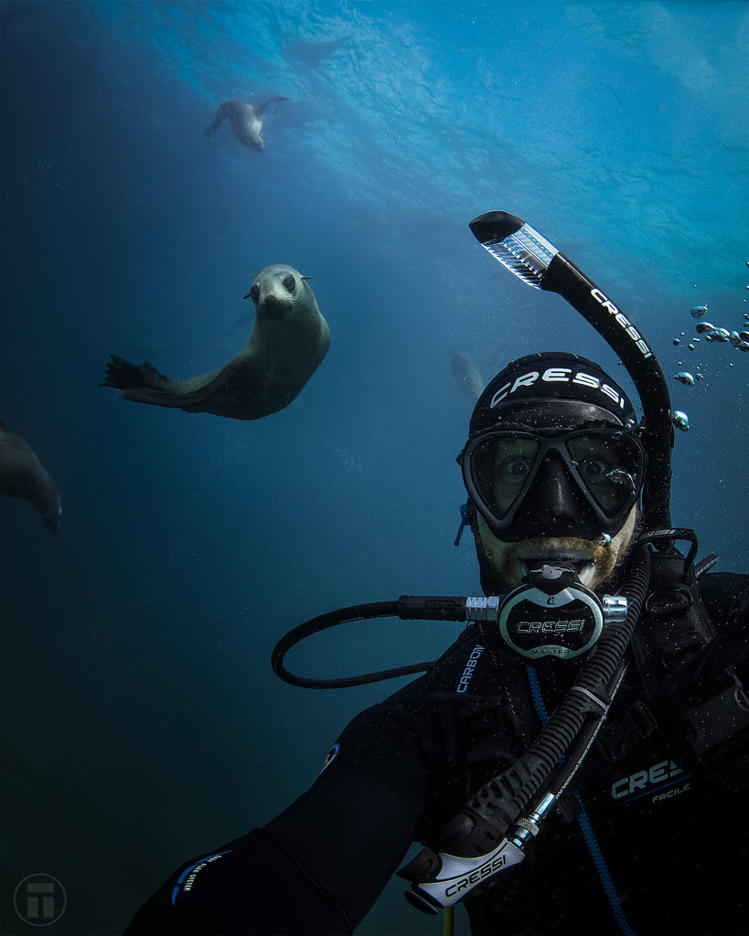 Thurston on Cressi Scuba with the seals of Montague Island
