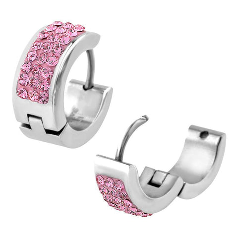 Light Pink Crystal Gem in Steel Huggies Earrings - Bijouterie en ligne