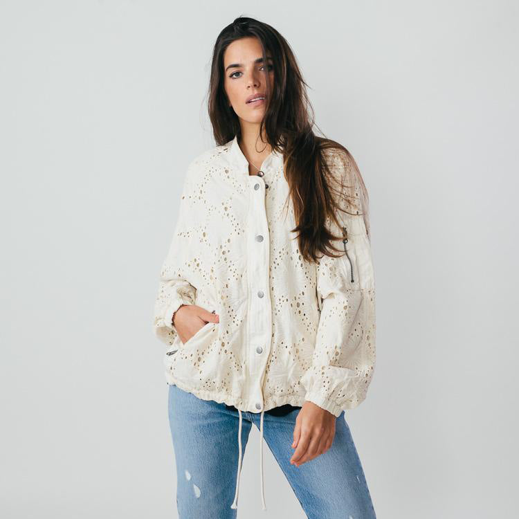 Model wearing the Free People Daisy Jane Ivory Bomber Jacket