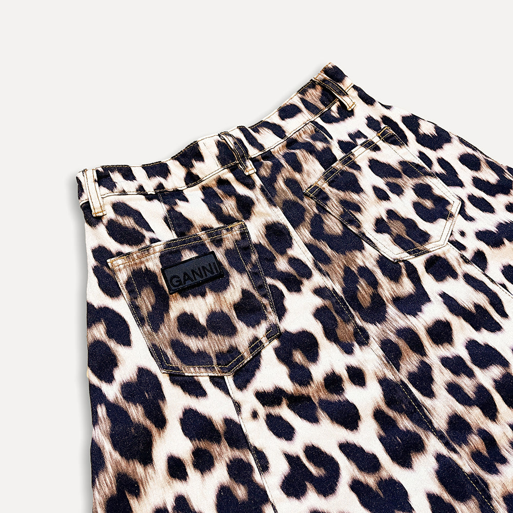 GANNI Big Leopard Almond Milk Denim High Waist A-Line Skirt
