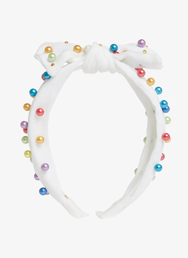 Bari Lynn Pearl Tie Knot Headband in White With Rainbow Pearls