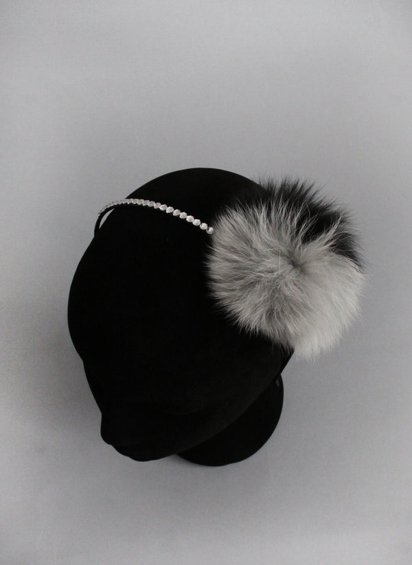 Bari Lynn Two Tone Pompom Headband with Swarvoski Crystals in Grey and Black