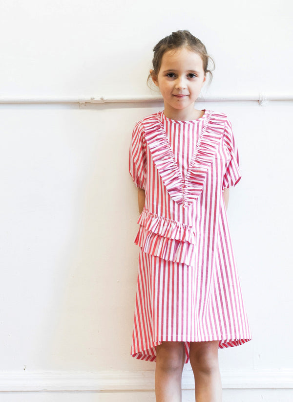 Vierra Rose Abella Ruffle Neckline Dress in Red and White Stripes