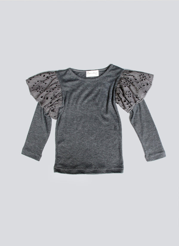 Vierra Rose Hazel Eyelet Ruffle Knit Top in Grey