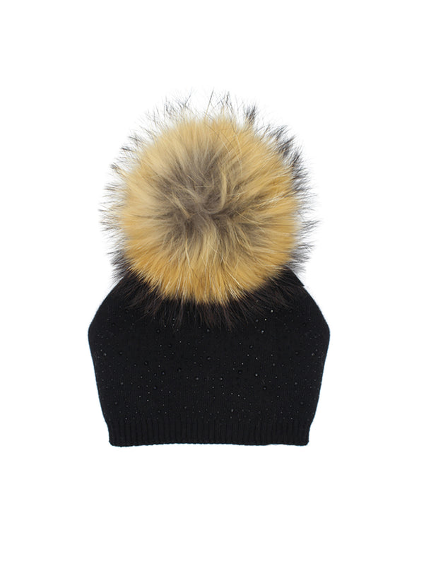 trilogymining Knit Contrast Trim Raccoon Fur Hat in Black