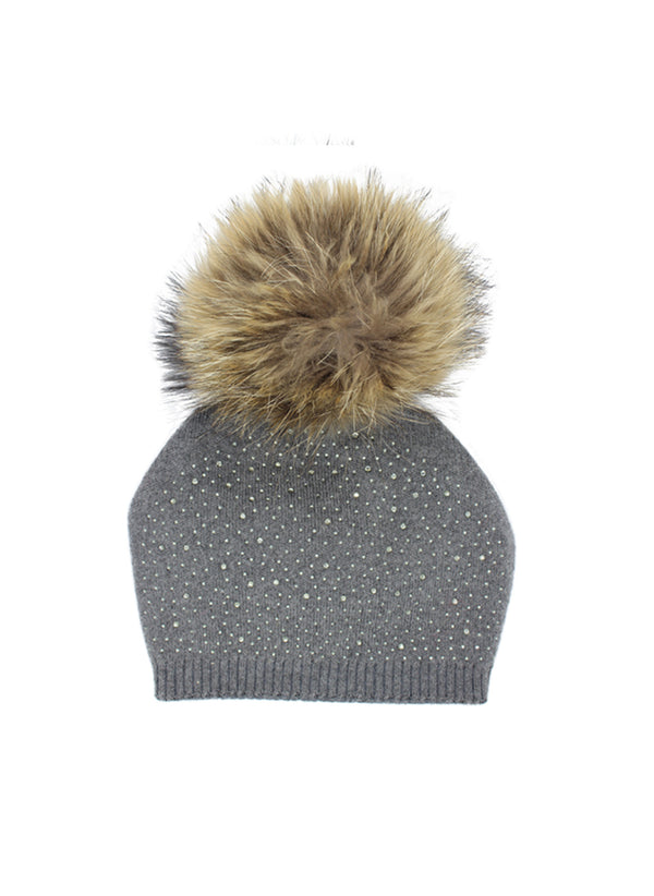 trilogymining Knit Contrast Trim Raccoon Fur Hat in Grey