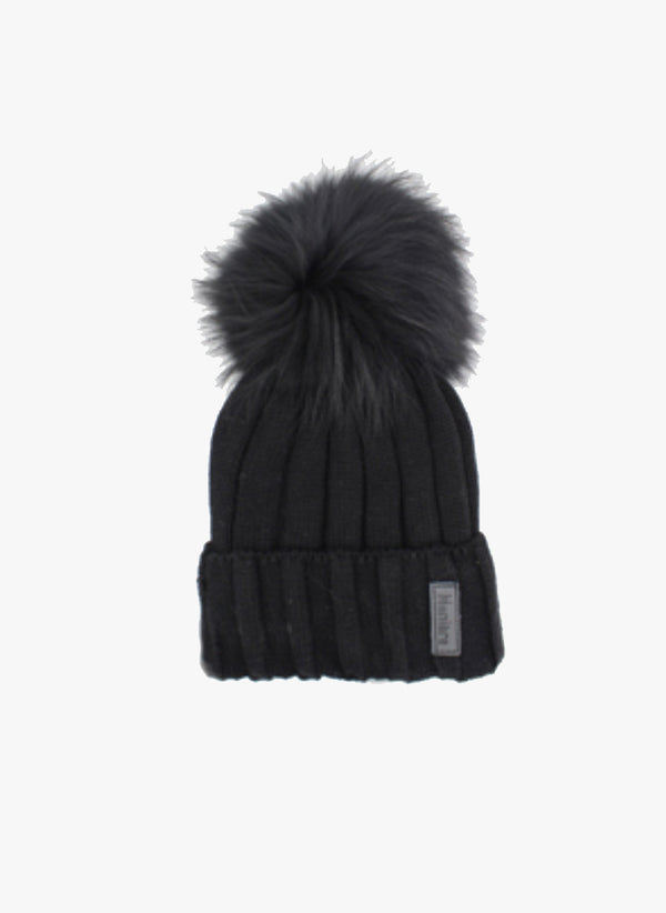 royalhouseegypt Rib Wool Hat in Black w/  Raccoon Fur Pom
